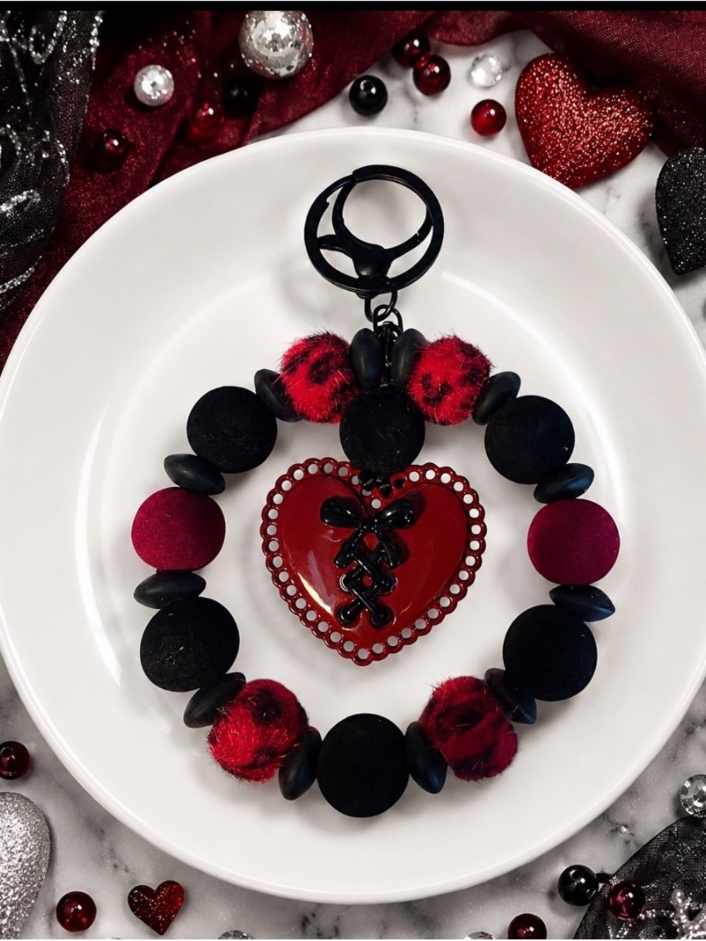 Hand Crafted Burgandy Heart Lace-Up Beaded Keychain